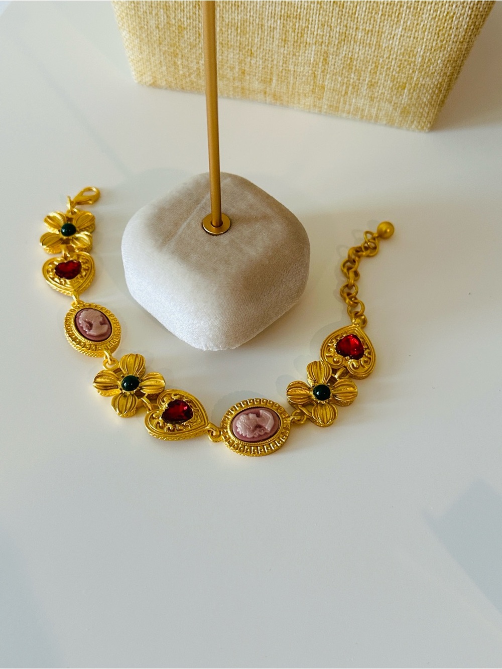 Fashion Jewelry Gold-Tone Floral Cameo Bracelet with Red and Dark Green Accents